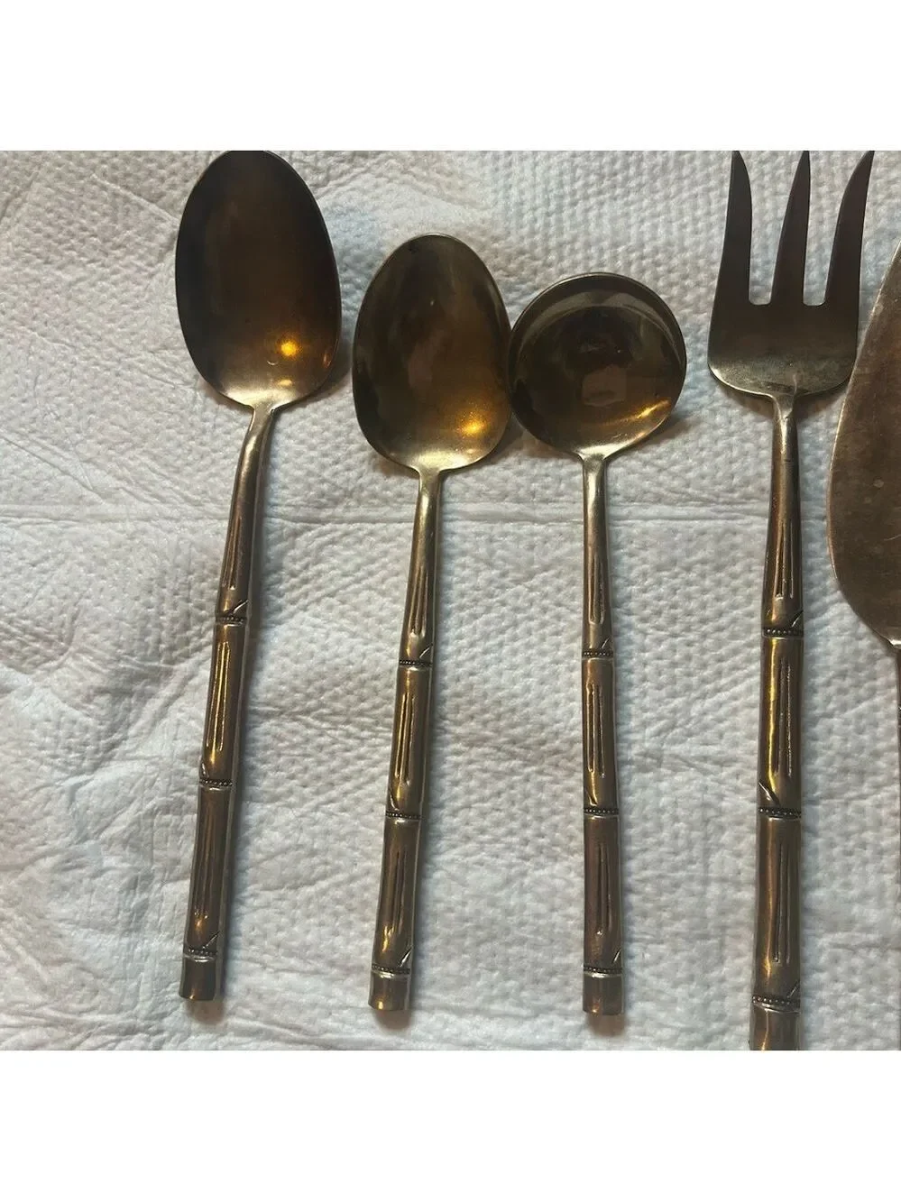 VTG Mid Century Serving Utensils Nickel Bronze Bamboo Design Set of 11 Gold Tone